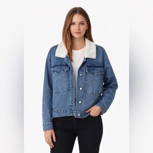 Kensie Sherpa Collared Denim Jacket | Cropped Blue Denim - Large